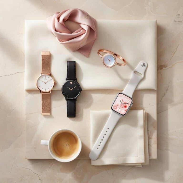 Everyday watches for women including gold mesh, bangle, minimalist, and smartwatch styles on a neutral background