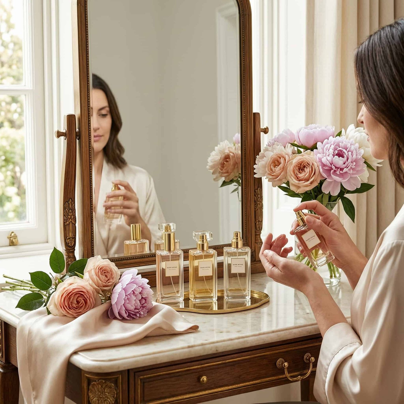 Top floral perfumes for women displayed on marble vanity with roses and soft natural lighting