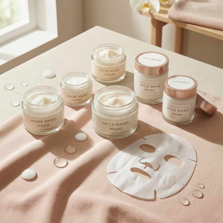 Hydrating face masks for dull tired skin displayed in a clean spa-style flat lay with glowing skincare aesthetic