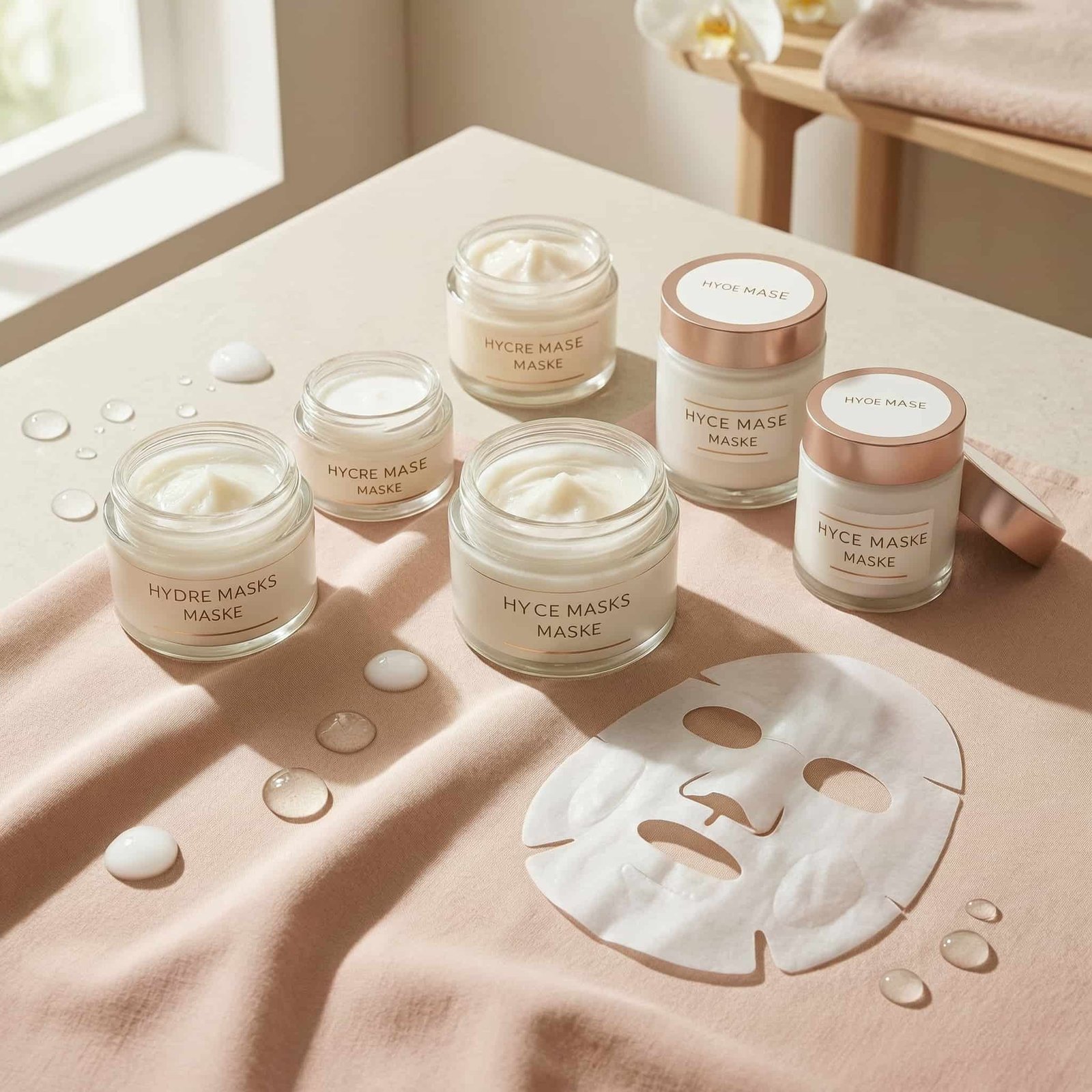 Hydrating face masks for dull tired skin displayed in a clean spa-style flat lay with glowing skincare aesthetic