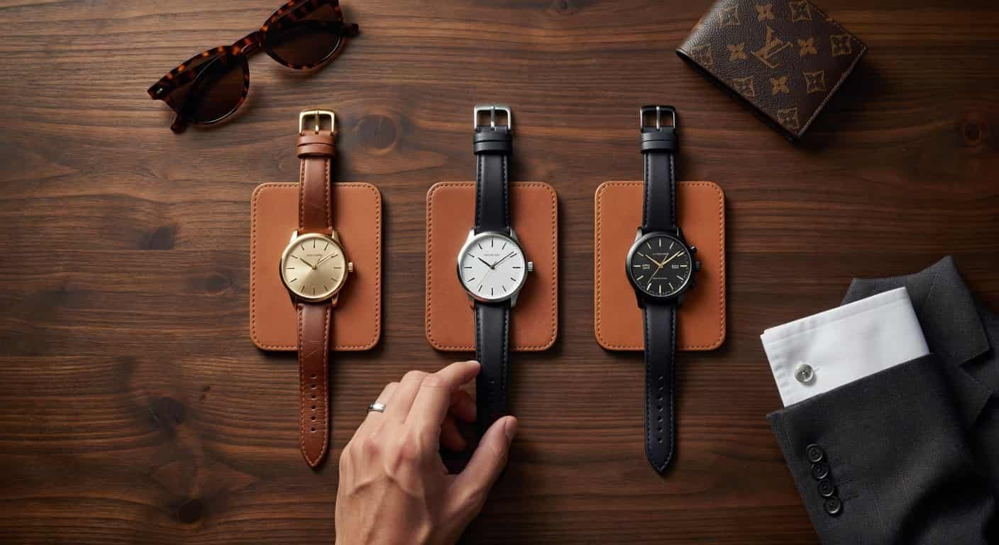 leather strap watches for men displayed on a wooden surface with luxury accessories and warm lighting