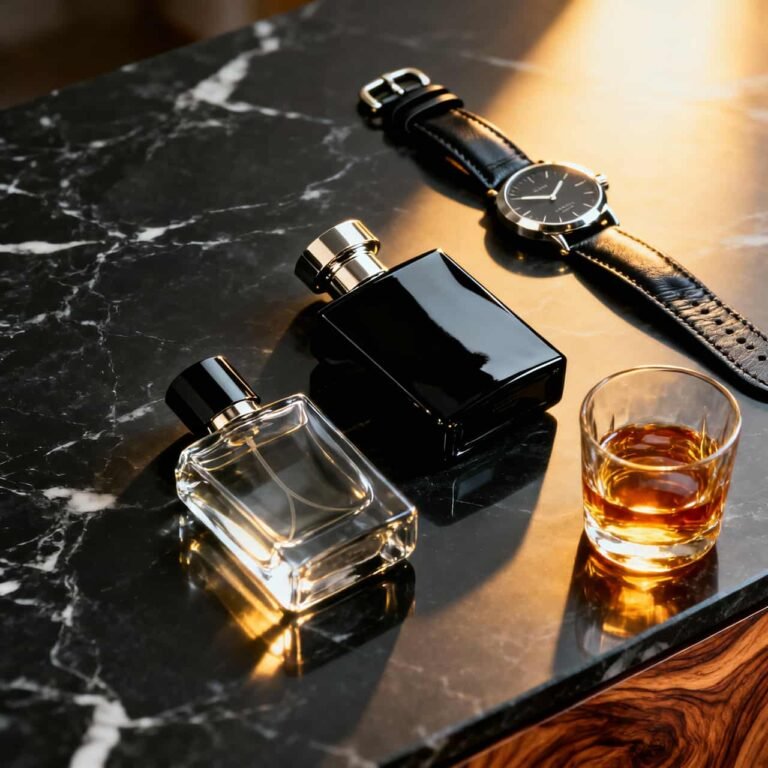 Long lasting perfumes for men displayed on dark marble background with elegant lighting