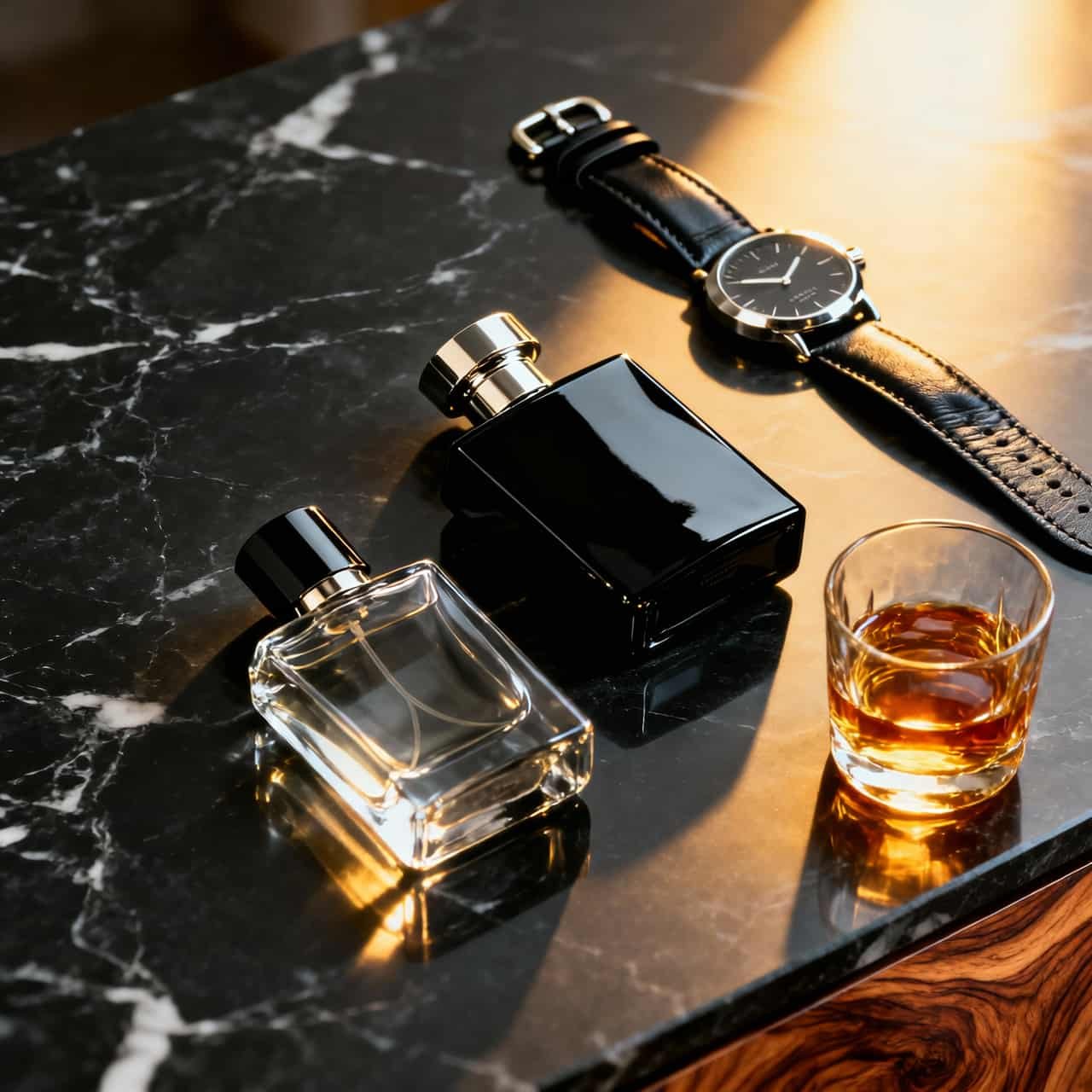 Long lasting perfumes for men displayed on dark marble background with elegant lighting