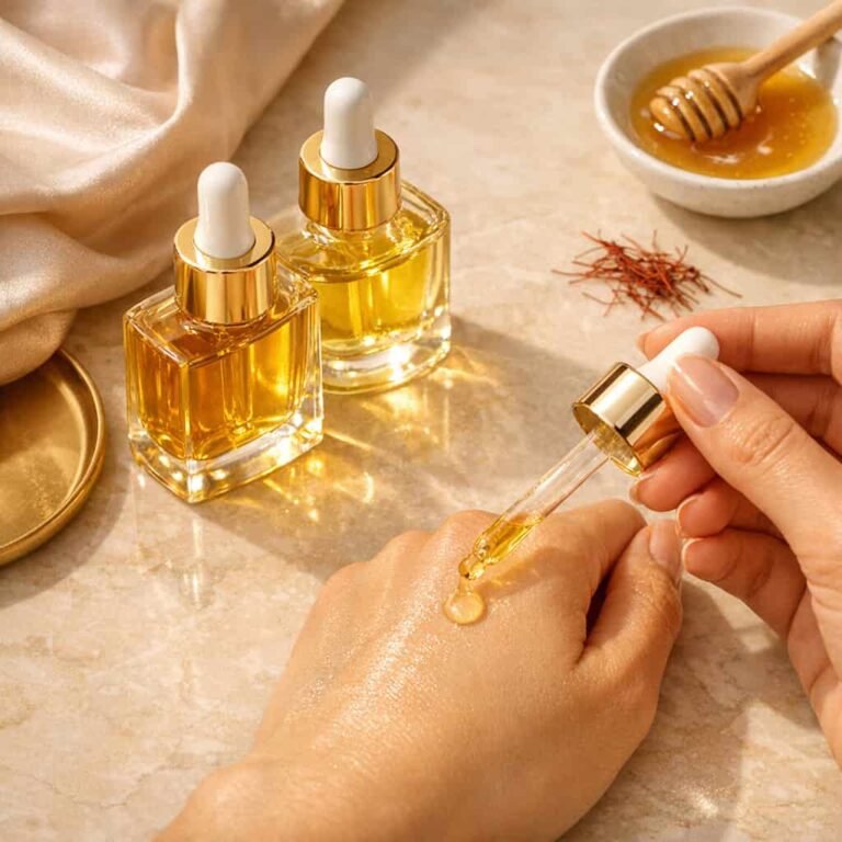 luxury face oil for glowing skin with dropper bottle and golden oil on marble surface