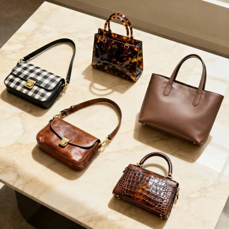 Must have handbags for women including tote, crossbody, and top handle premium handbags arranged in a luxury flat lay.