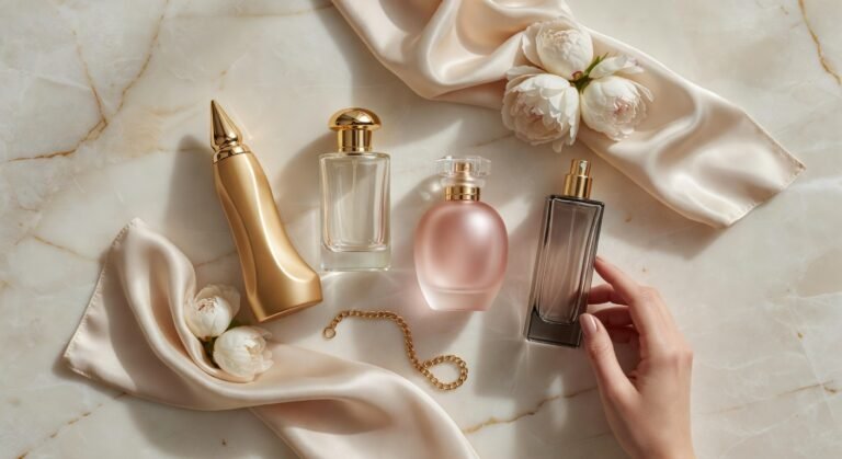 Rich Girl Perfume arranged on marble with gold accents and soft lighting showcasing elegant fragrance bottles