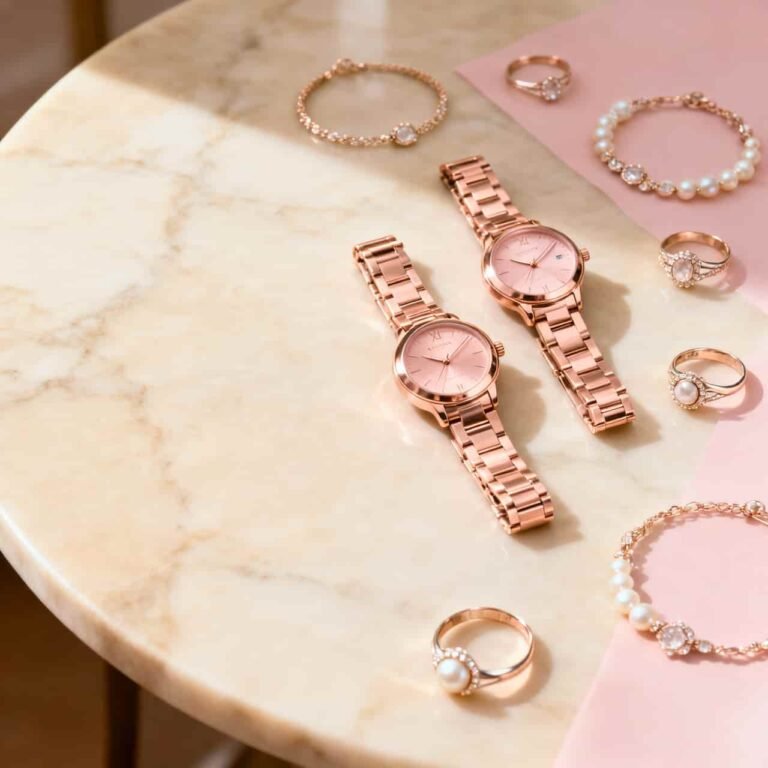 Rose gold watches for women displayed on marble background luxury feminine watch collection