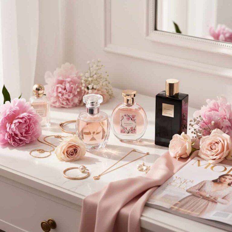 Signature scents for women perfume bottles on elegant marble vanity with flowers and gold jewelry