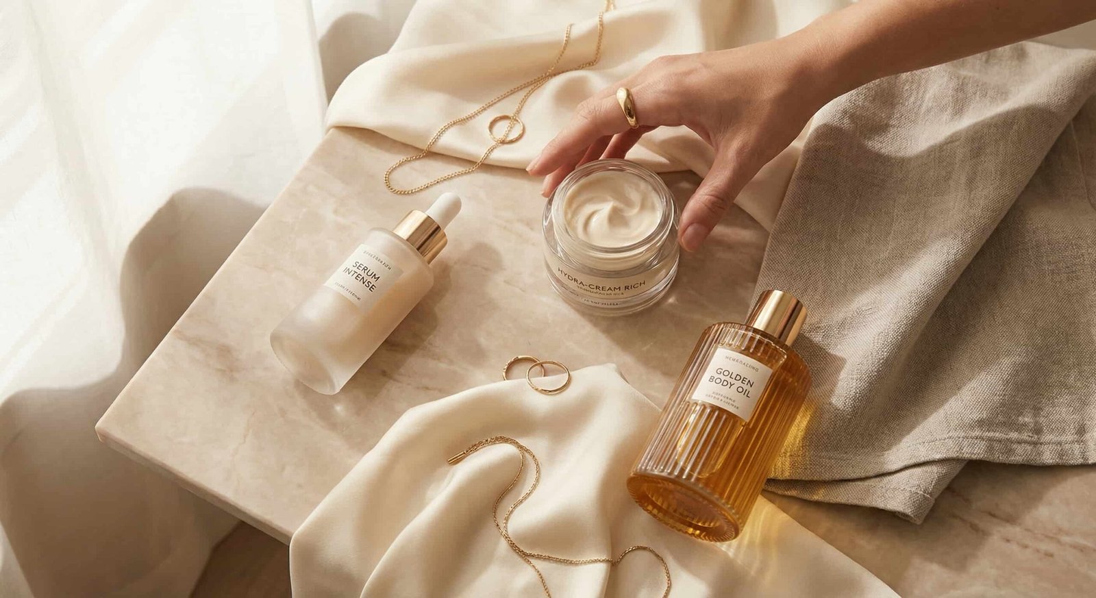 Skincare for Dry Skin Women including creams and body oil styled on a beige marble surface with soft natural lighting