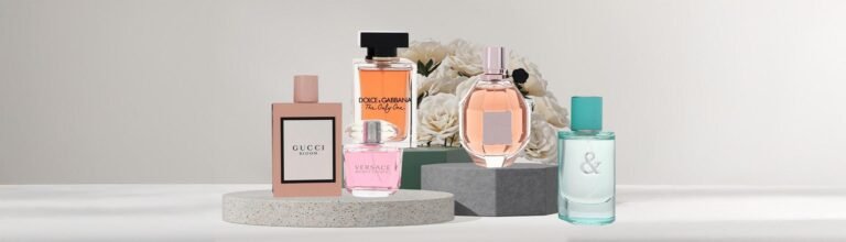 Sweet perfumes for women luxury fragrance collection on marble vanity with elegant feminine aesthetic