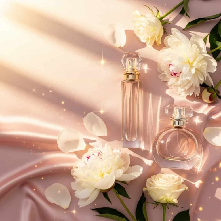 Luxury feminine perfume bottles with pink flowers arranged on soft silk fabric in elegant golden lighting.