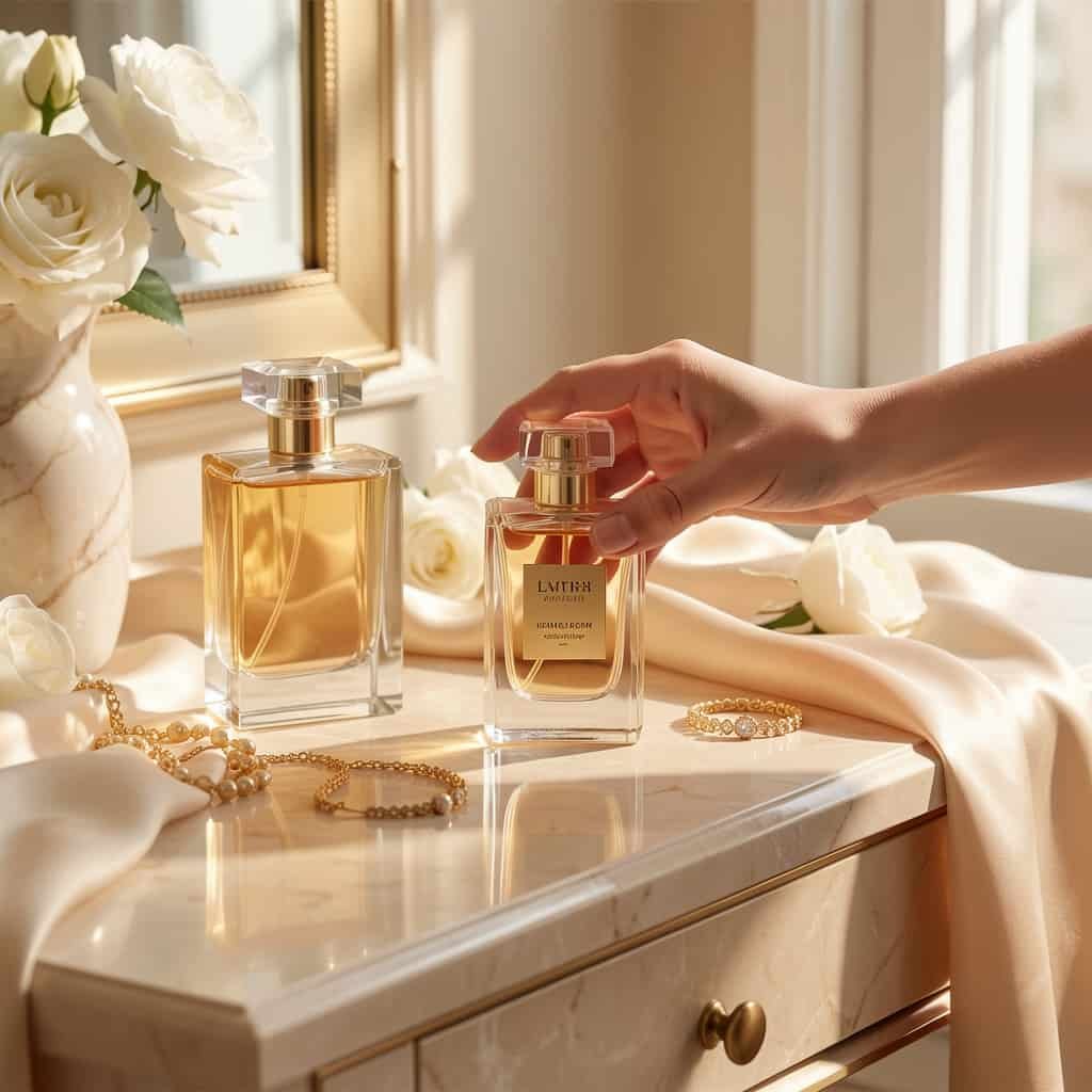 Luxury long lasting perfume bottles for women displayed on an elegant vanity with soft sunlight and feminine beauty accessories.