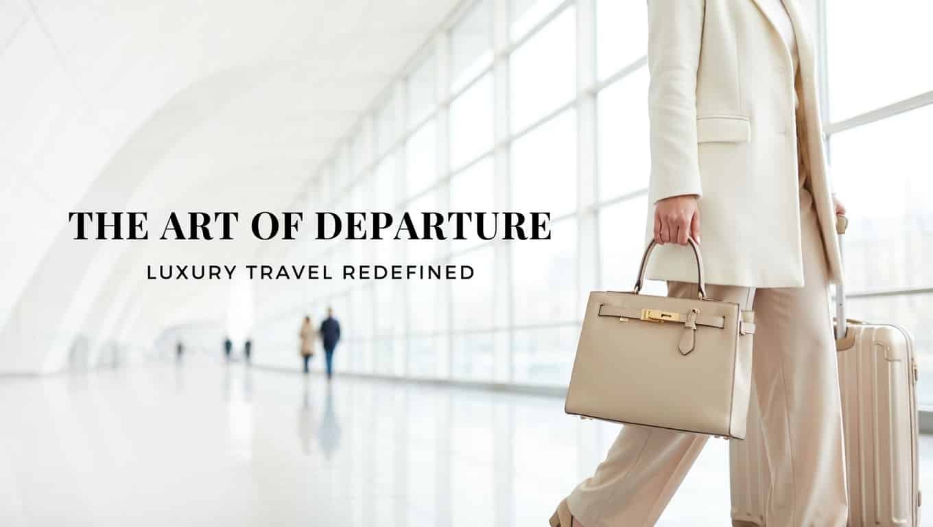 Stylish woman at an airport carrying a luxury travel handbag and suitcase for fashionable women travel accessories inspiration.