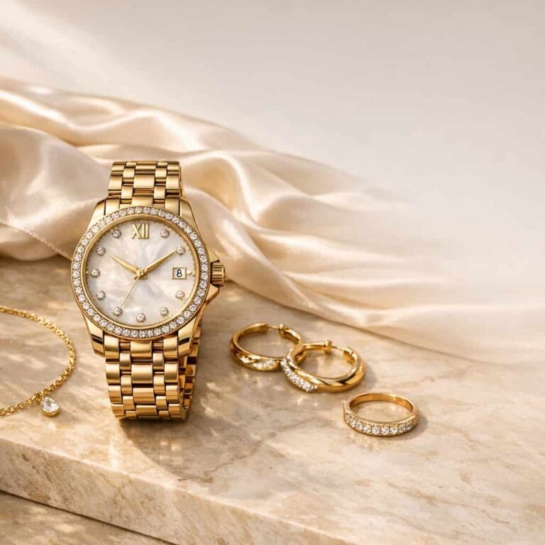 Elegant luxury gold watch for women styled on a beige marble surface with feminine fashion accessories and soft natural lighting.