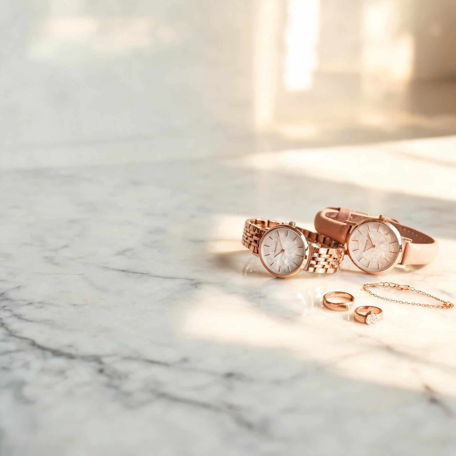 Elegant rose gold watches for women displayed on marble background with soft lighting and luxury aesthetic