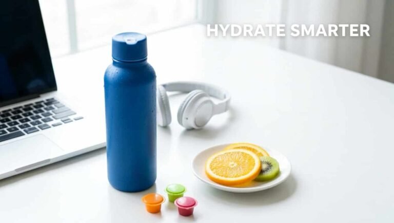 Air Up Water Bottle with flavor pods on a minimalist desk setup for healthy hydration inspiration.