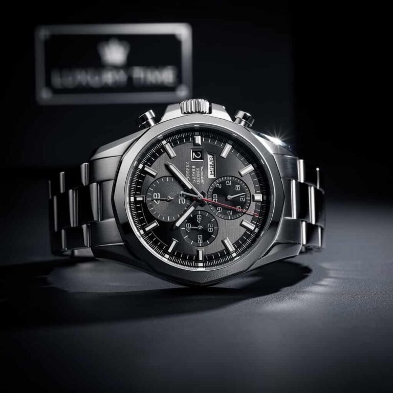 Luxury sports watch for men with stainless steel chronograph design displayed in dramatic premium lighting.