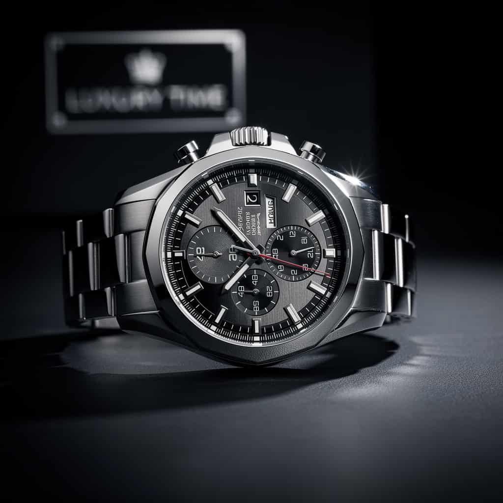 Luxury sports watch for men with stainless steel chronograph design displayed in dramatic premium lighting.