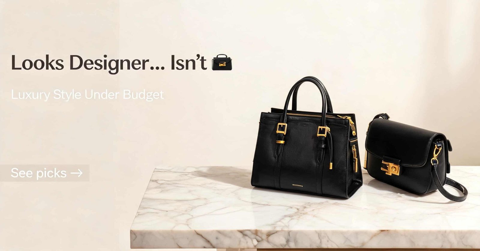 Black handbags that look designer with luxury style and gold hardware on a minimal marble background
