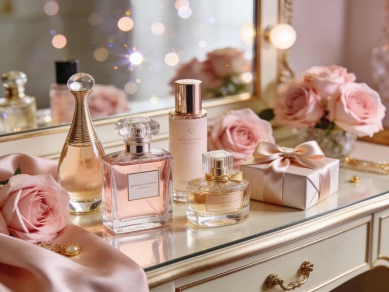 Elegant women's perfume gift arrangement featuring luxury fragrance bottles, roses, and gift packaging for the best perfume gift ideas for her.