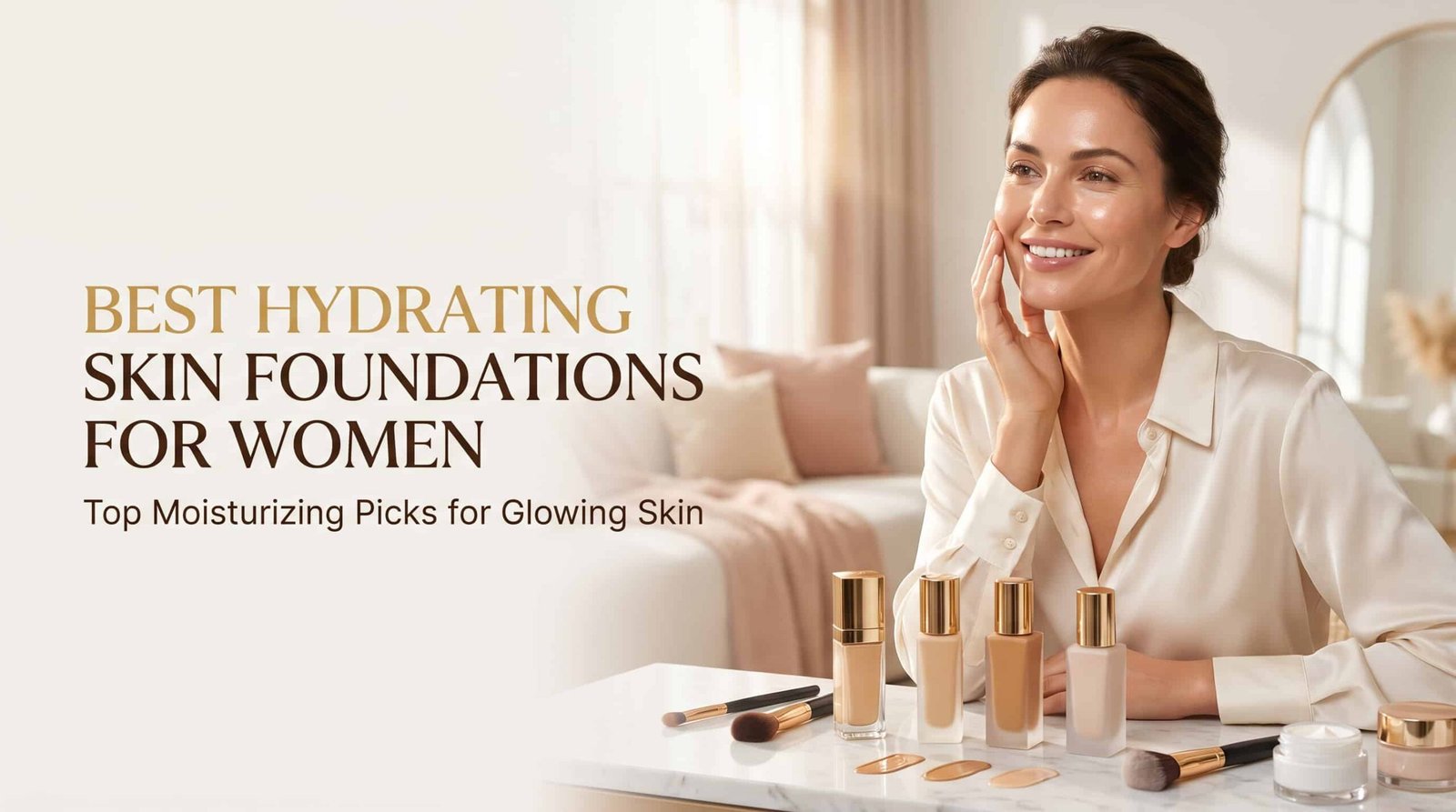 Woman with glowing hydrated skin wearing dewy makeup beside premium foundation products featured in a guide to the best hydrating skin foundations for women.