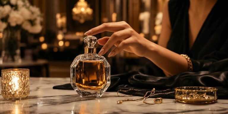 Luxury women's date night perfume displayed on a marble vanity with candlelight, jewelry, and elegant evening styling.