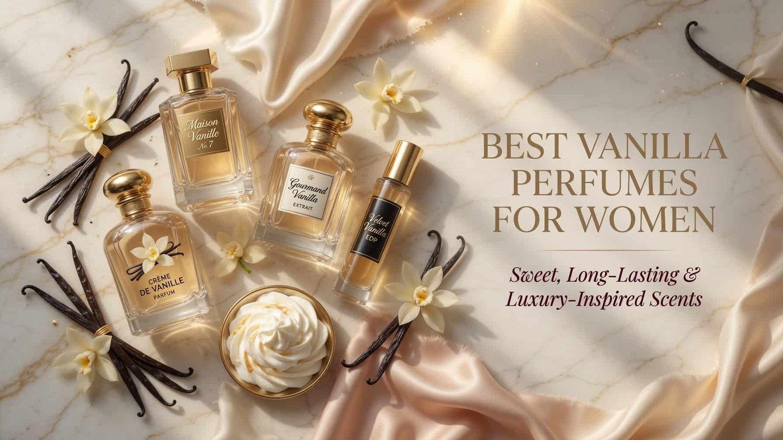 Collection of elegant vanilla perfume bottles for women displayed on a luxury marble vanity with vanilla beans and soft natural lighting.