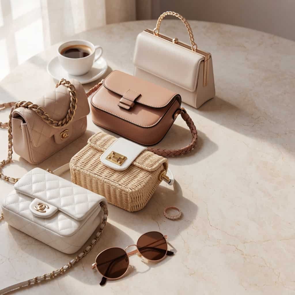 Collection of stylish cute small handbags including crossbody bags, mini purses, and shoulder bags displayed on a luxury marble surface.