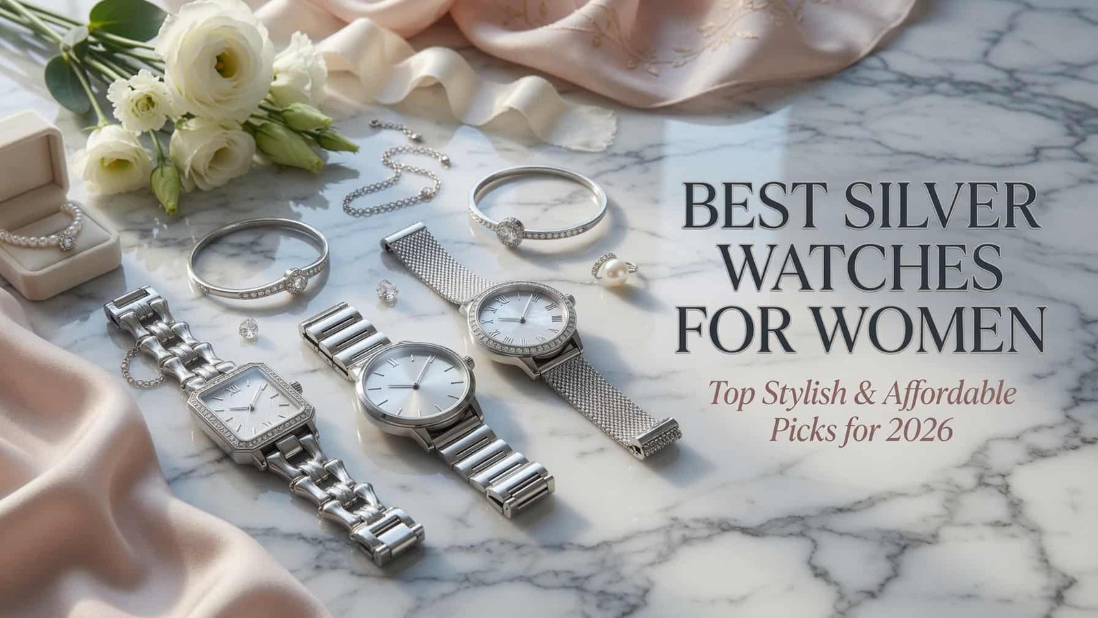 Best silver watches for women displayed on a marble surface featuring elegant stainless steel and diamond-accent designs.