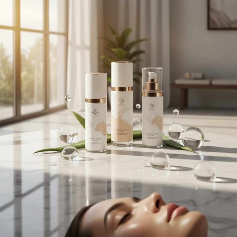 Hydrating sunscreen products displayed with water droplets and glowing skin, representing sun protection and moisture for healthy skin.