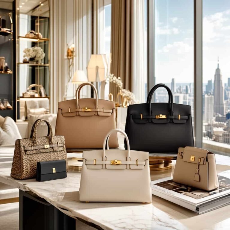 Best luxury handbags worth buying displayed on a marble table in an upscale penthouse setting with elegant neutral colors and premium leather finishes.