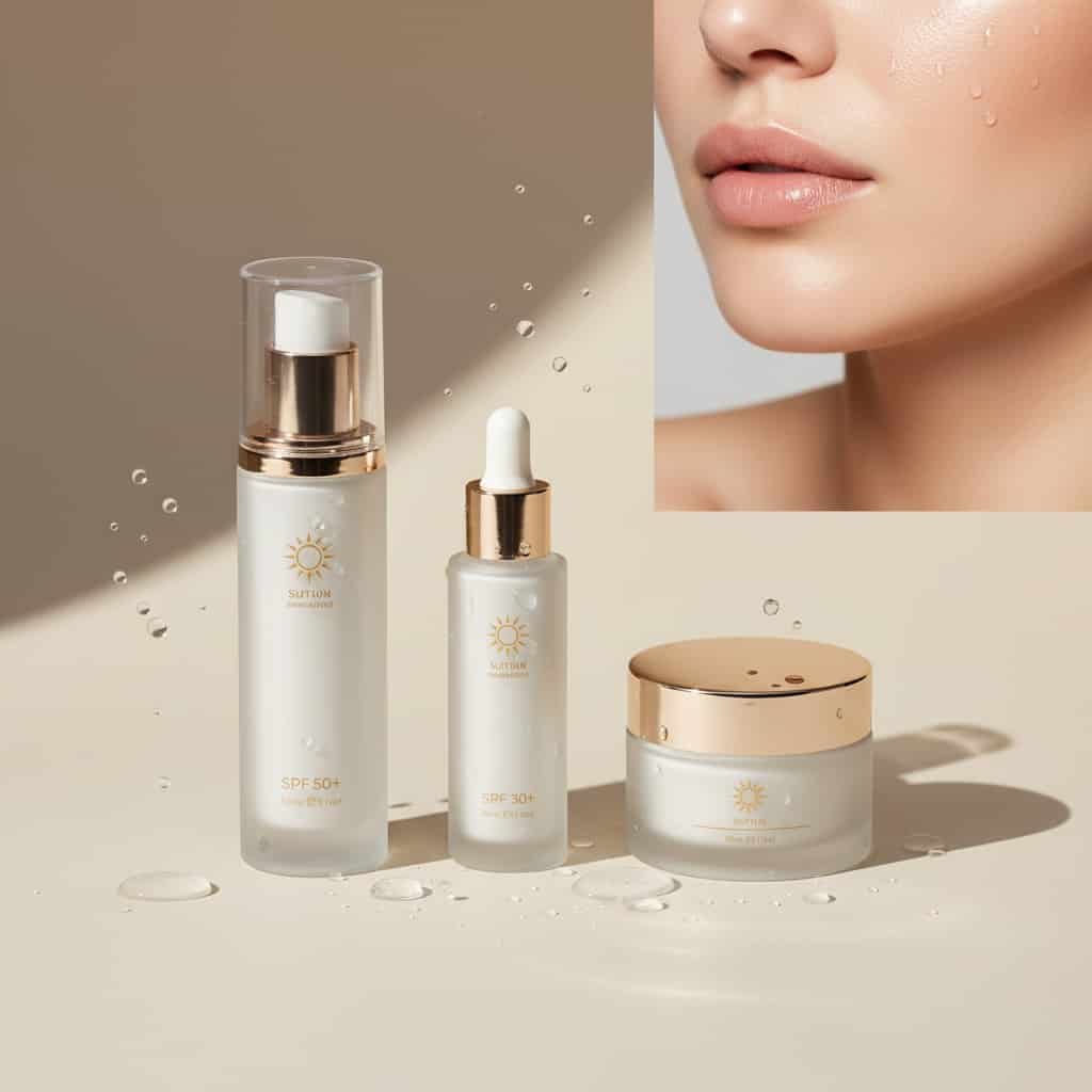 Best SPF for Dry Skin sunscreen products for displayed with hydrating skincare elements and glowing sunlit beauty aesthetic.