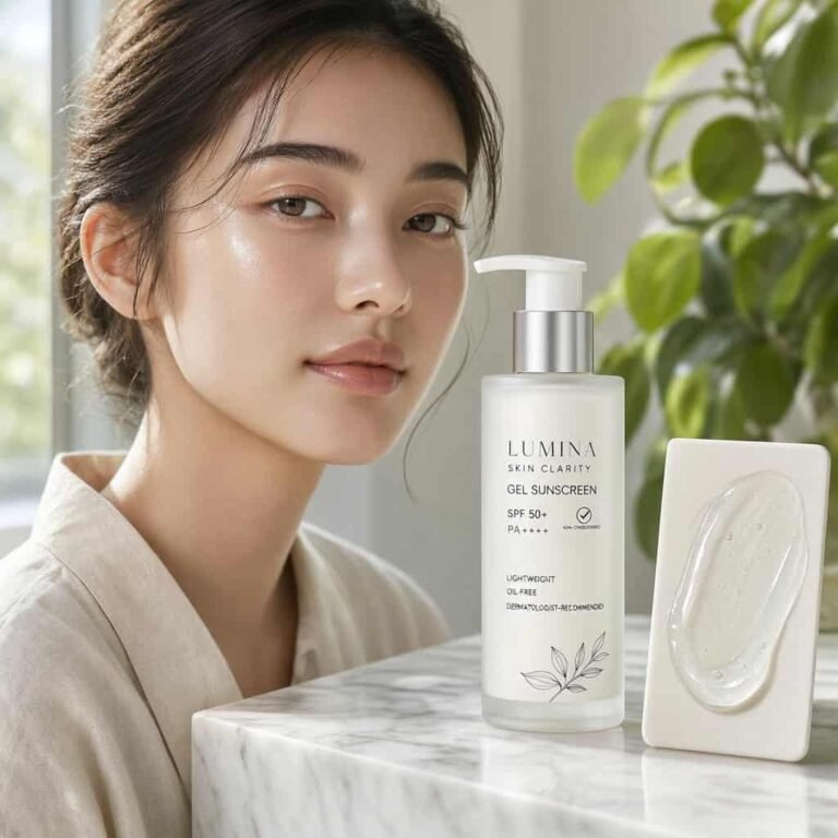 Best sunscreen for acne-prone skin displayed on a marble surface with lightweight gel texture and a model showing clear healthy skin.
