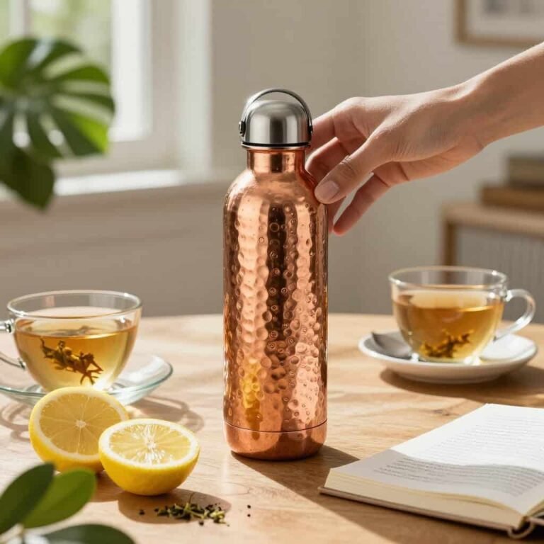 Premium hammered copper water bottle on a wooden wellness table with morning sunlight, lemon slices, and healthy lifestyle accessories.